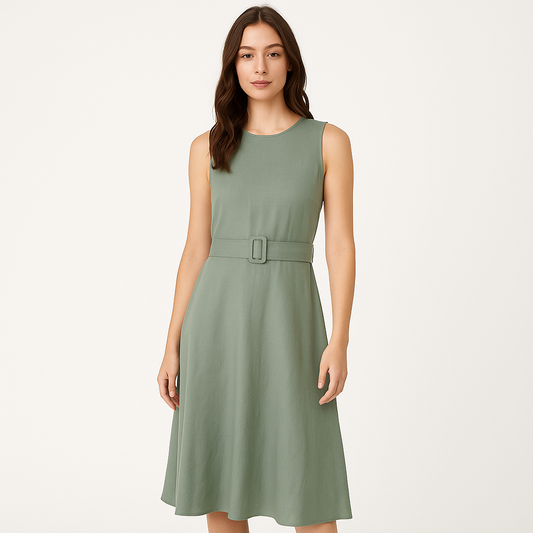 Amelia - Women’s Sleeveless Midi Dress With Belted Waist