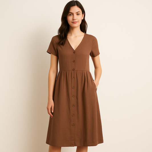 Isla - Women’s Button Front Midi Dress With Short Sleeves